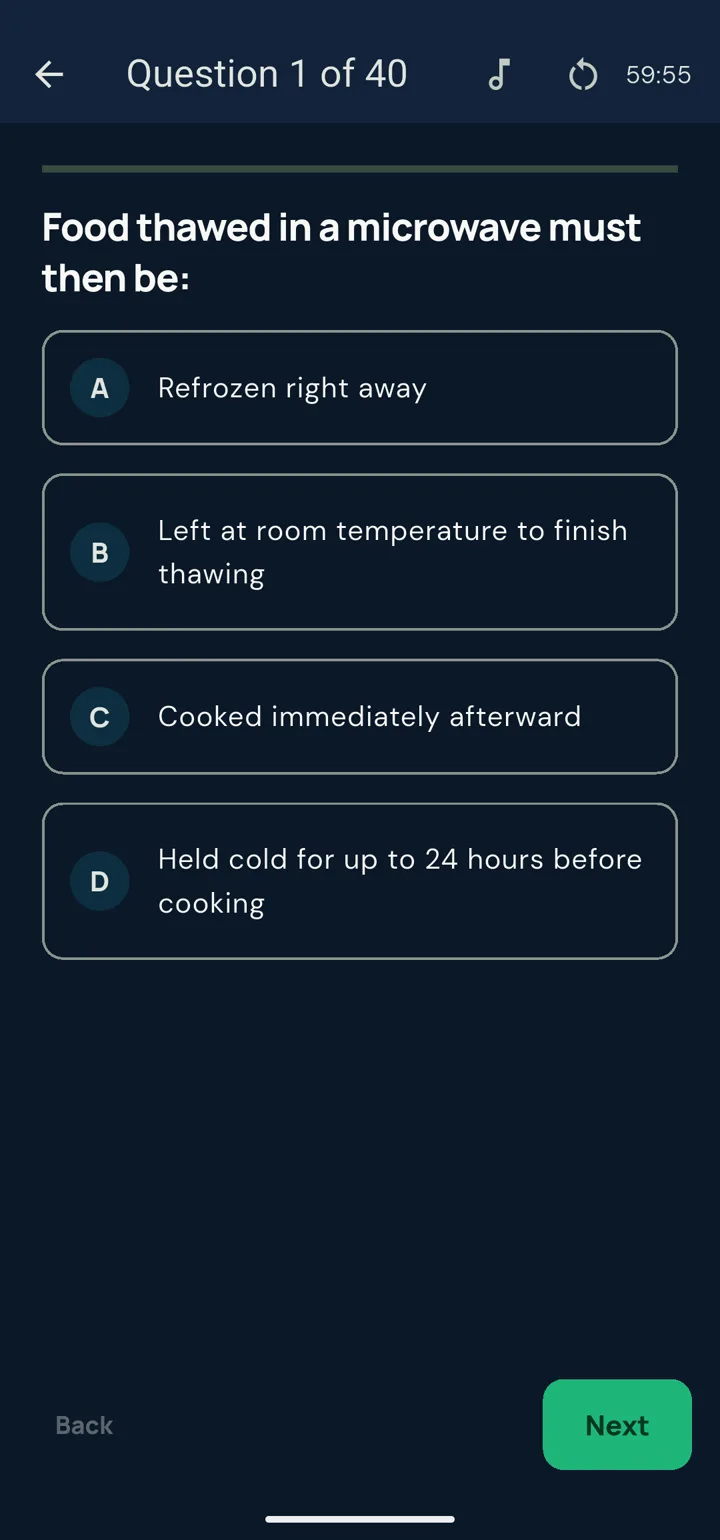 The exam simulator: question 1 of 40 with 59 minutes 55 seconds left on the timer.