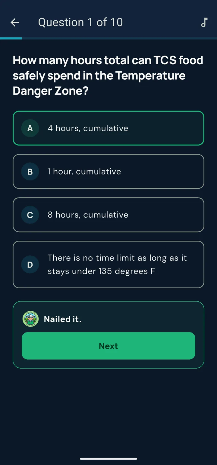 A quiz question about how long TCS food may spend in the danger zone, answered correctly: 4 hours, cumulative.