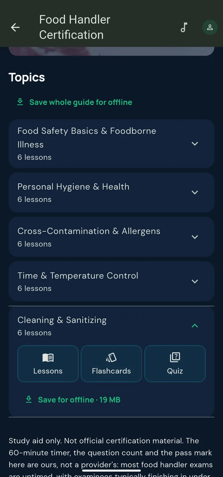 The Food Handler guide's topic list, with Cleaning and Sanitizing open and a Save for offline, 19 MB button, under a Save whole guide for offline button.